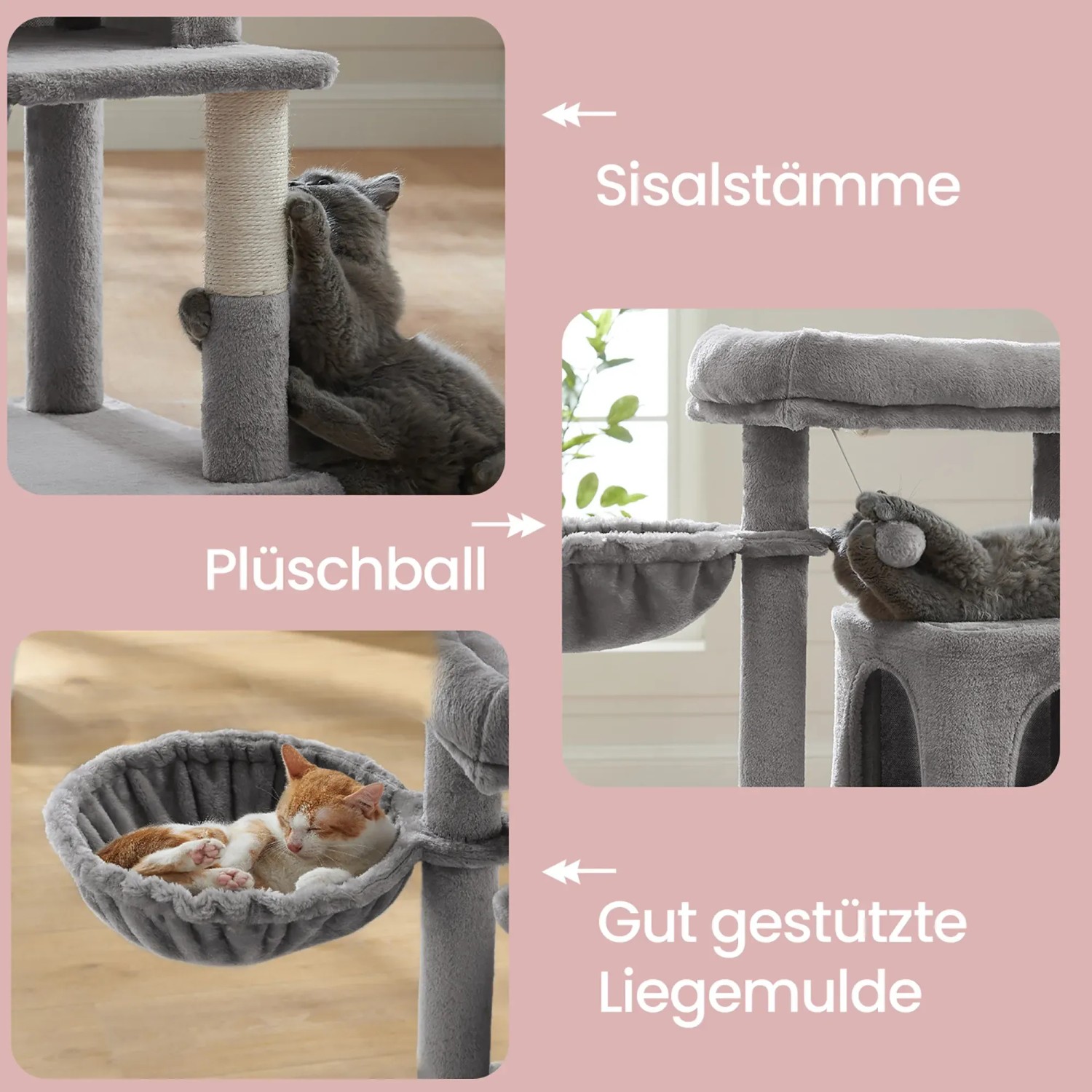 Feandrea Kratzbaum, hellgrau, mit Sisalstämmen, Liegemulde und spielenden Katzen.