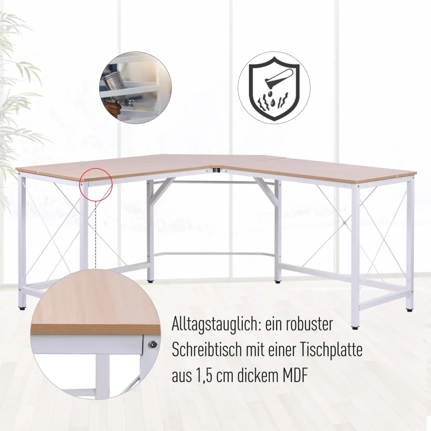 HOMCOM L-Form Computertisch Eckschreibtisch mit heller Holzplatte und weißem Gestell.