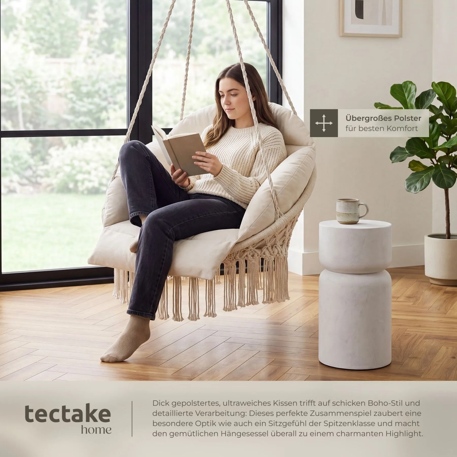 Tectake Hängesessel Samira Mit Dickem Sitzkissen Stabile Halteseile 81 x 80 x 139 cm Beige_5