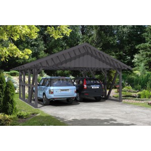 Grauer Skan Holz Carport Schwarzwald mit Dachlattung und zwei geparkten Autos.