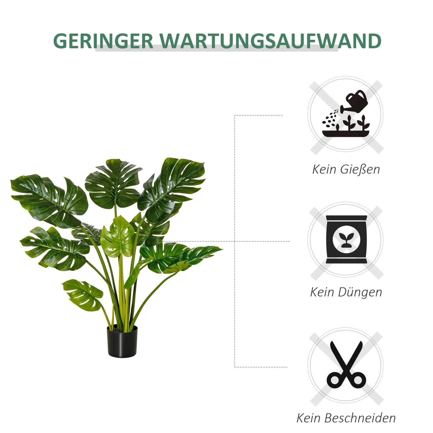 HOMCOM Künstliche Monstera Pflanze, 110 cm, im schwarzen Topf. Pflegeleicht: kein Gießen, Düngen, Beschneiden.