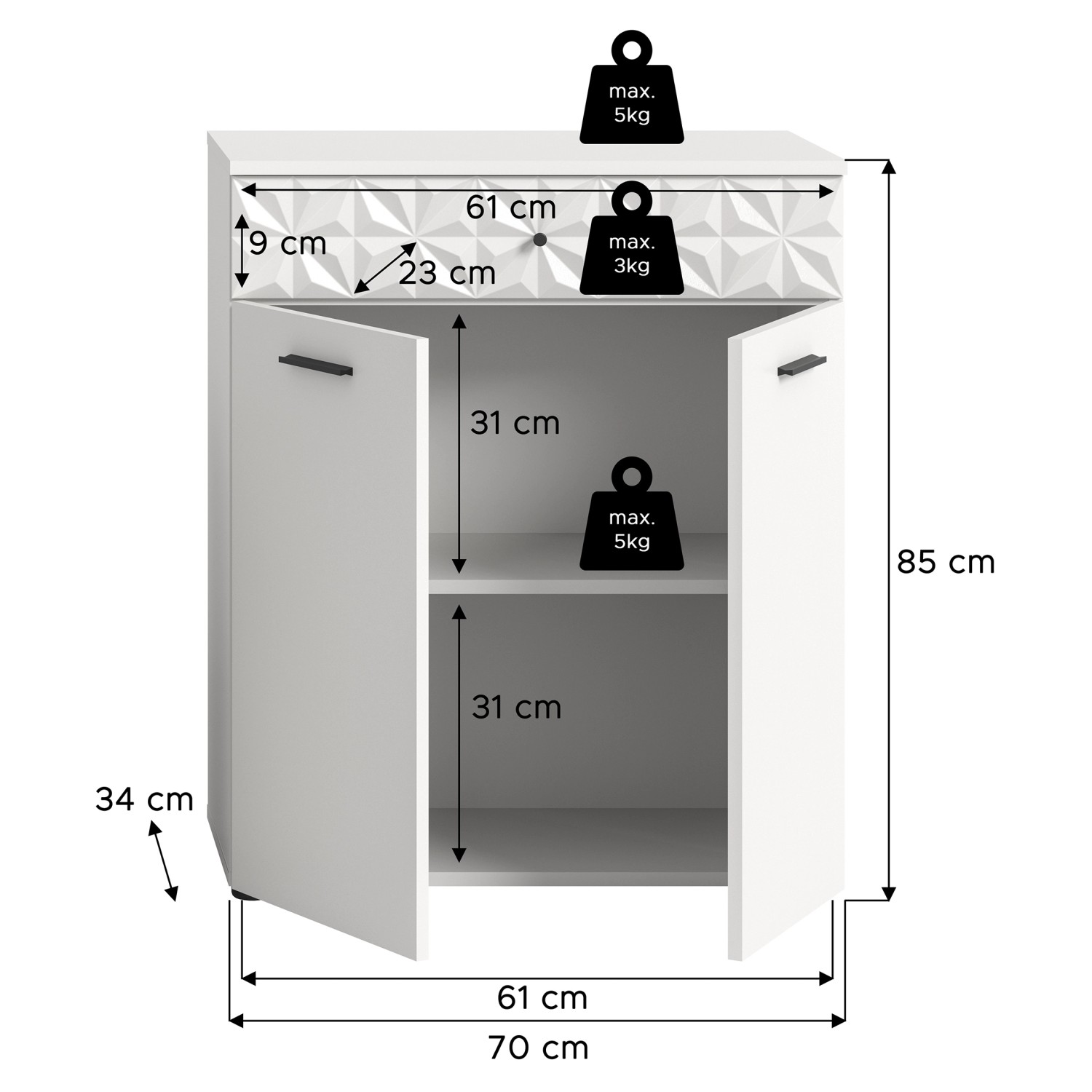 Standschrank Prisma Weiß 85 cm x 70 cm x 34 cm_8