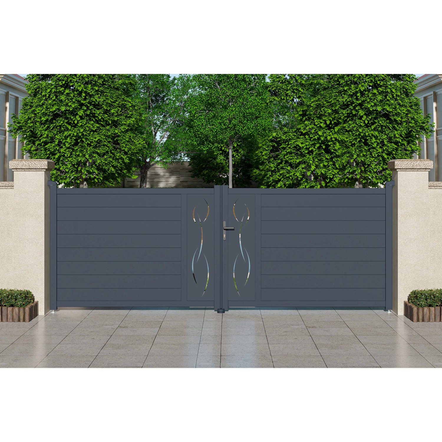 Elektrisches Flügeltor Casanoov 4M, grau, mit dekorativen Aussparungen. Gartentor mit Antrieb.