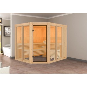 Karibu Sauna Airin 3 Natur: Massivholzsauna mit Glastür und drei Bänken aus Espenholz.
