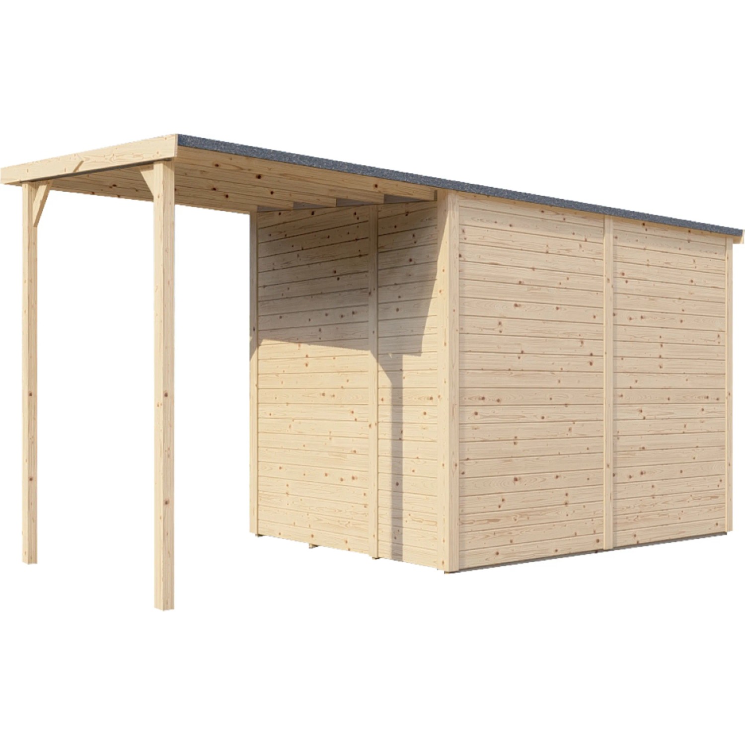Unbehandeltes Holz-Gartenhaus Bertilo mit Pultdach und Anbau, 386x180 cm.
