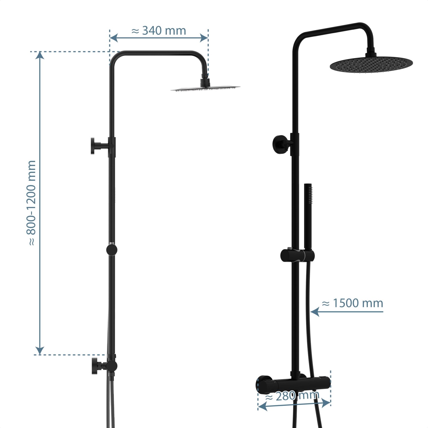 Schütte Aquaduct Brauseset mit Thermostat, Schwarz Matt, mit Kopf- und Handbrause. Duschsystem für die moderne Dusche.