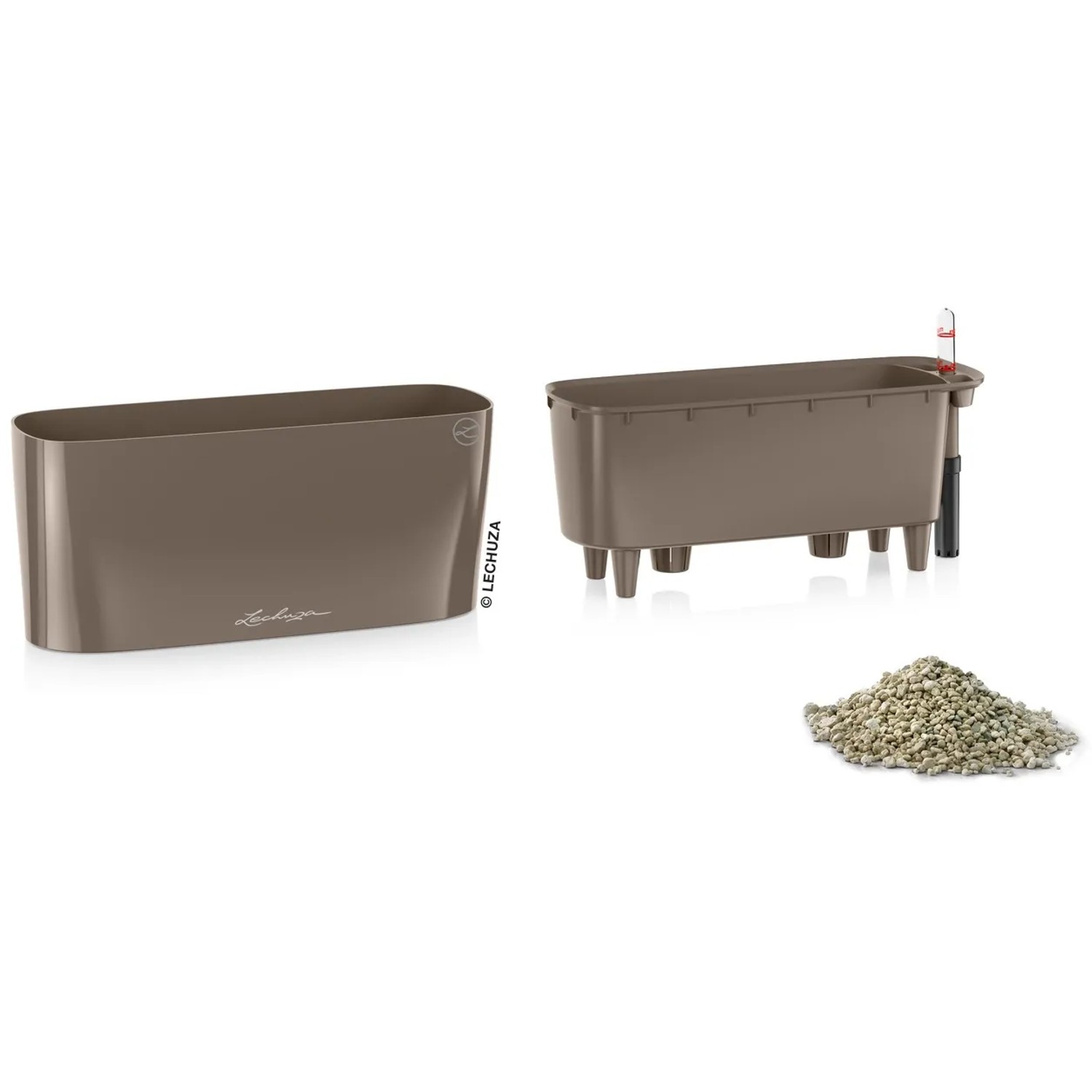Lechuza Delta 10 Pflanzgefäß in Taupe hochglanz, 30x11cm, mit Bewässerungssystem und Blähton.