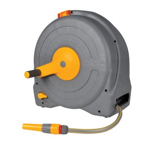 Hozelock Schlauchtrommel Fast Reel mit 40m Schlauch, grau/gelb, inkl. Schlauchdüse und Anschlüsse.