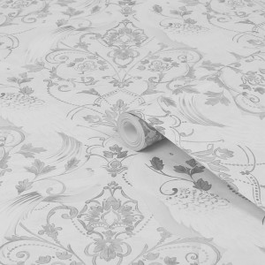 Laura Ashley Vliestapete Tregaron Silver mit floralem Damastmuster und Kranichen.