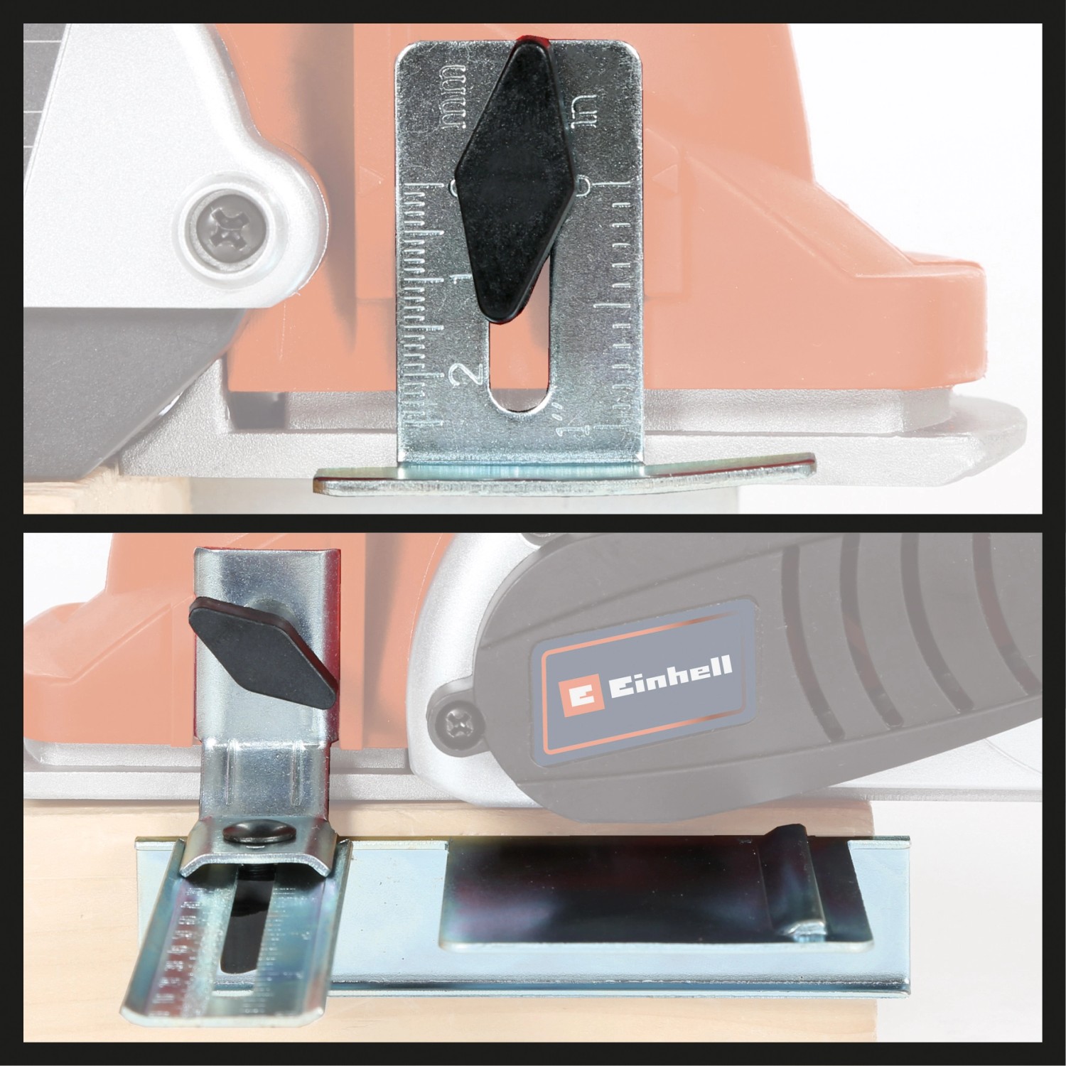 Detailaufnahme des Einhell Elektrohobels TE-PL 900 mit Tiefeneinstellung und Skala.