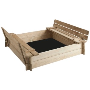 Quadratischer Sandkasten aus Holz mit zwei integrierten Sitzbänken.
