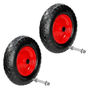 2er Set Schubkarrenräder luftbereift mit Achse, 390 mm, schwarze Reifen, rote Felgen.
