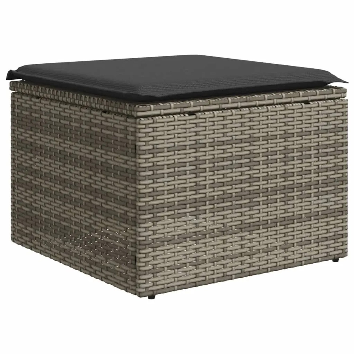 Grauer Gartenhocker aus Polyrattan mit dunklem Kissen, Teil der vidaXL Sofagarnitur.