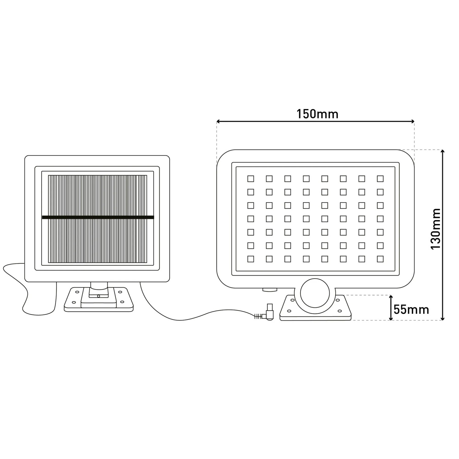 Skizze der LED Solar-Wandleuchte Pepe mit Maßen 13x15x5,5cm, Solarpanel links, Leuchte rechts.