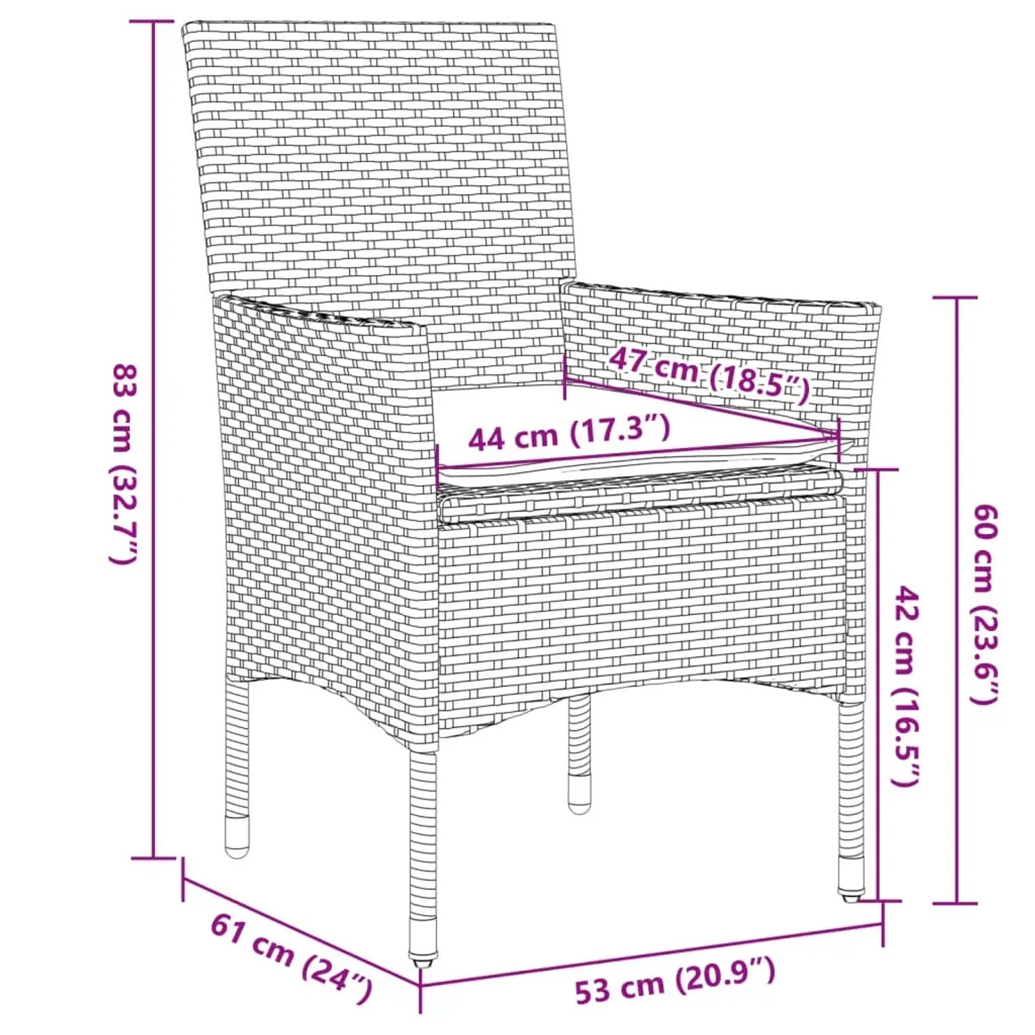 Schwarzer vidaXL Gartenstuhl aus Polyrattan mit cremeweißem Kissen, Teil der 7-tlg. Essgruppe.