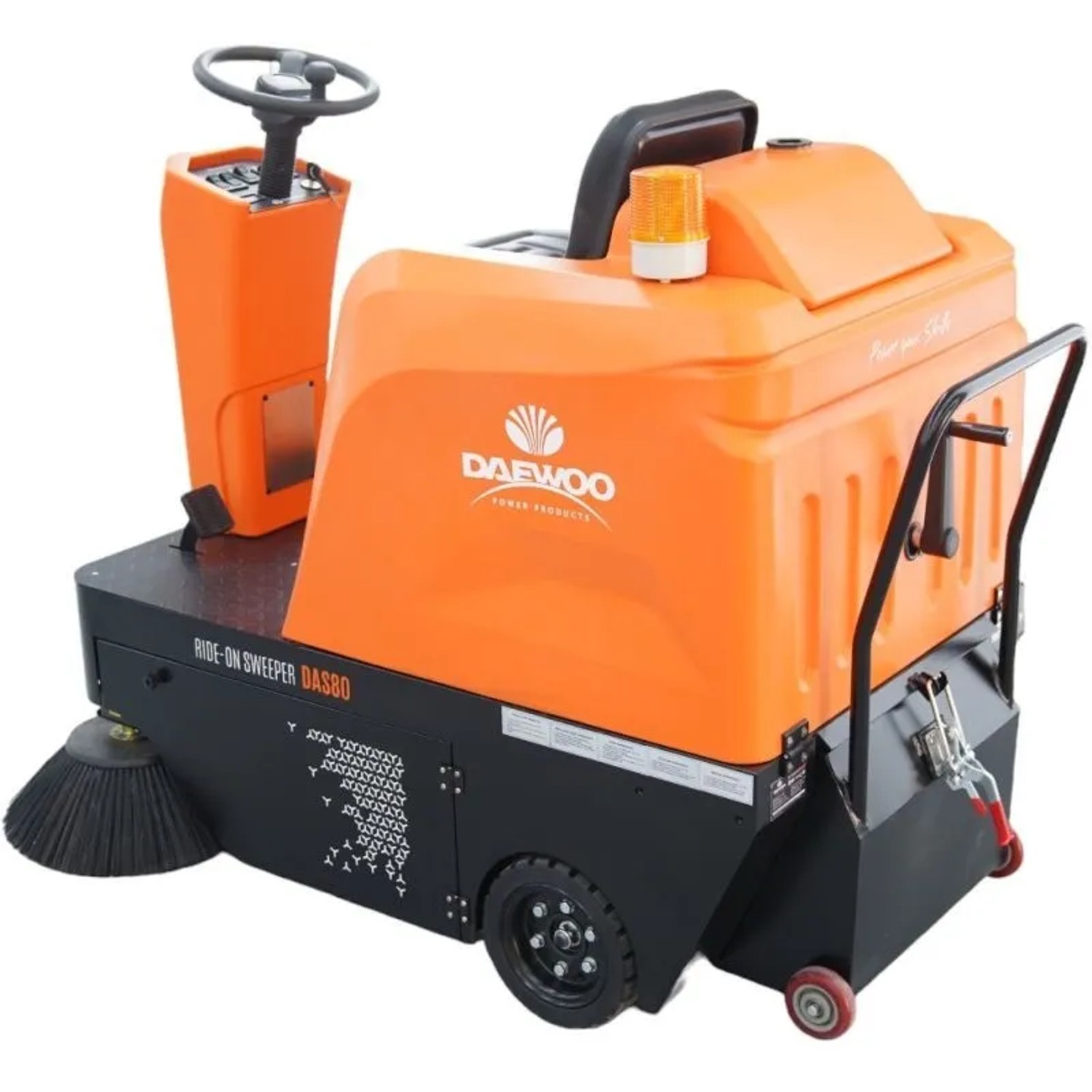 Orange-schwarze DeTec. Daewoo Aufsitz Kehrmaschine DAS80 mit Lenkrad und Seitenbürste für Bodenreinigung.