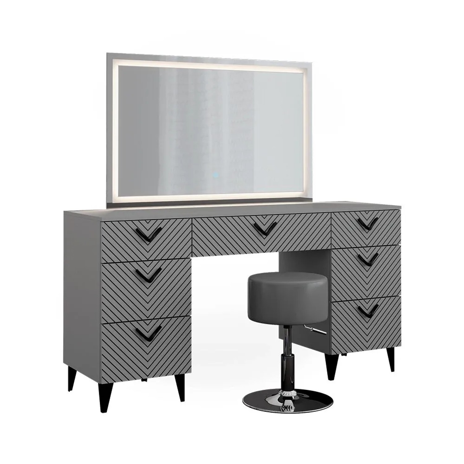 Vicco Schminktisch Anett Grau 150 x 148 mit LED-Spiegel und Hocker