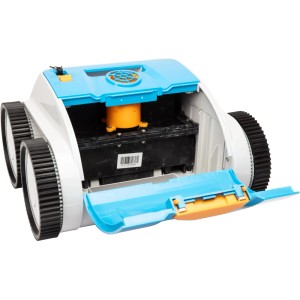 Steinbach Poolrunner Battery Pro Poolroboter mit geöffnetem Akkufach und Filter.