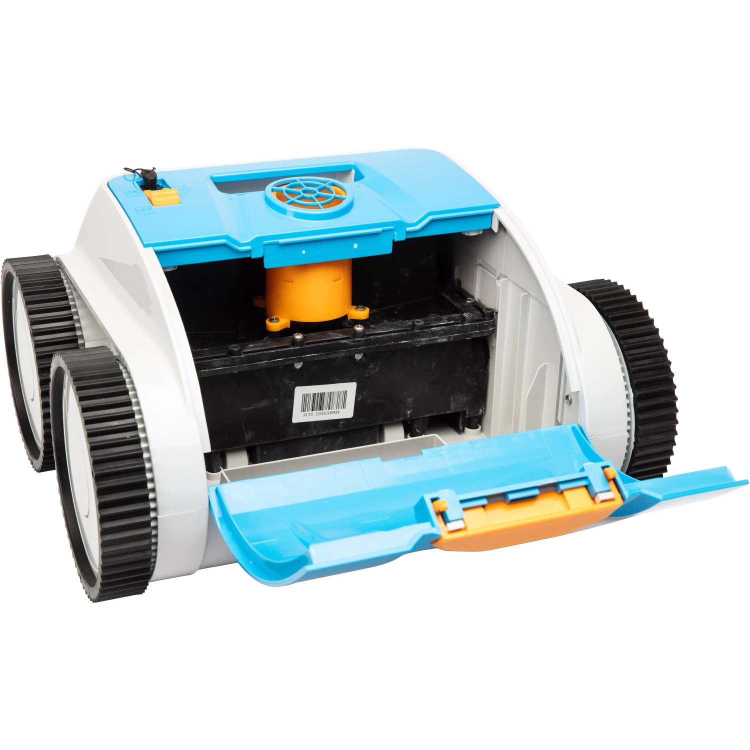 Steinbach Poolrunner Battery Pro Poolroboter mit geöffnetem Akkufach und Filter.