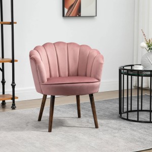 Rosa Samt Esszimmerstuhl HOMCOM mit muschelförmiger Rückenlehne und dunklen Holzbeinen auf Teppich.