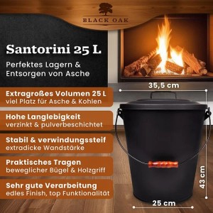 Schwarzer BLACK OAK Ascheeimer SANTORINI 25L aus pulverbeschichtetem Metall mit Deckel und Holzgriff für Kaminofen & Grill.