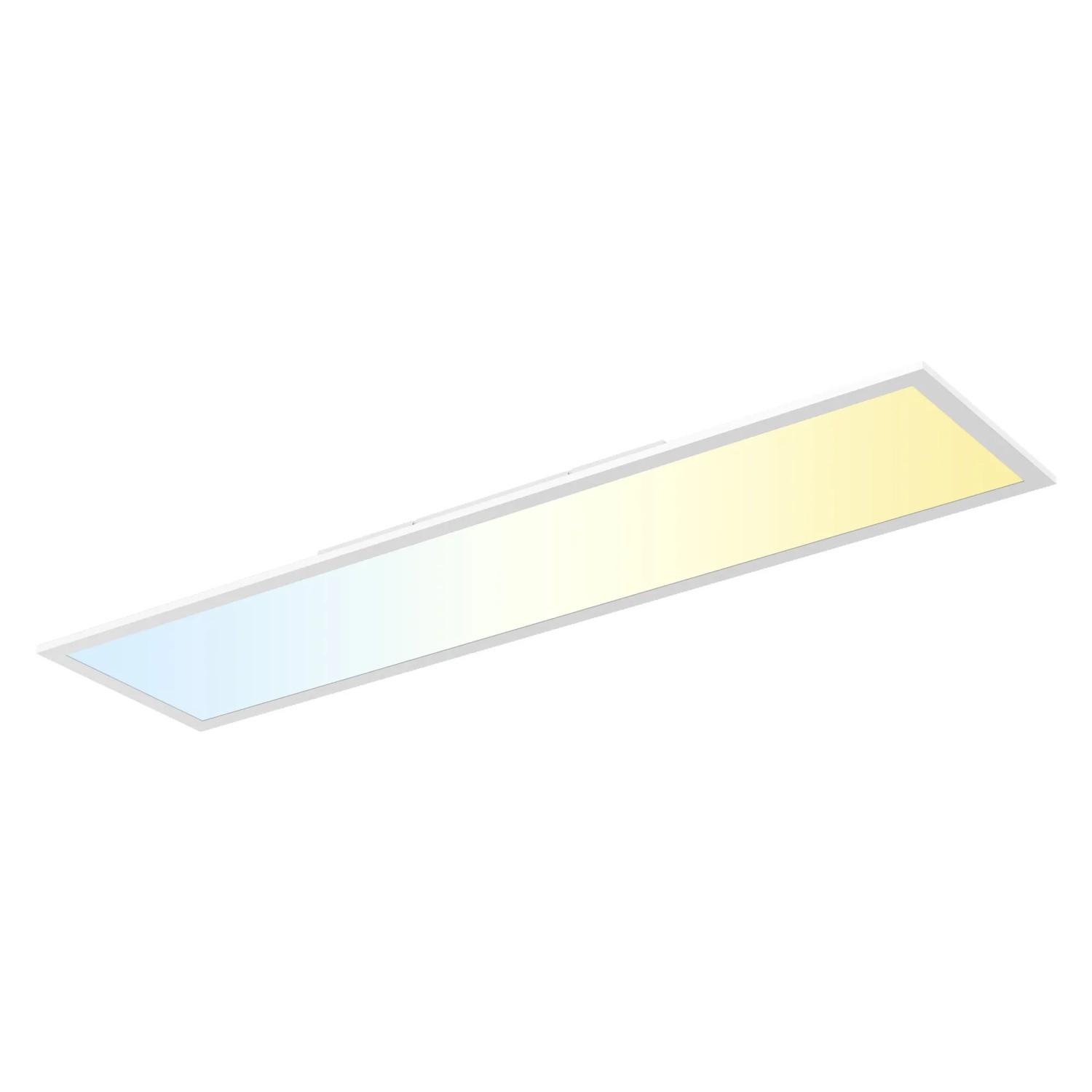 Weiße Osram LED-Panelleuchte Essential Remote-CCT, 100x25cm, mit Farbverlauf von blau zu gelb.