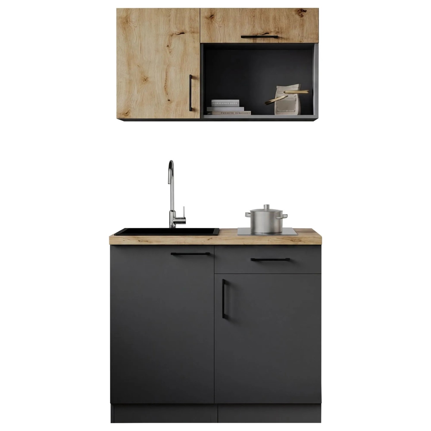 Respekta Singleküche Oliver 100 cm Grau matt Artisan-Eiche ohne Mikrowelle