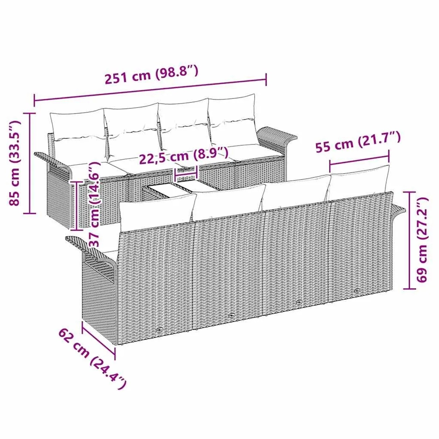 vidaXL Gartenmöbel Set, 9-teilig, beige Poly Rattan, mit Maßangaben für Sofas und Tisch.