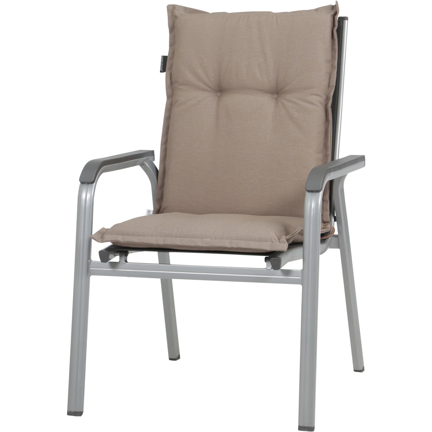Madison Auflage Panama Taupe für Niedriglehner, ca. 105x50cm, auf Gartenstuhl.