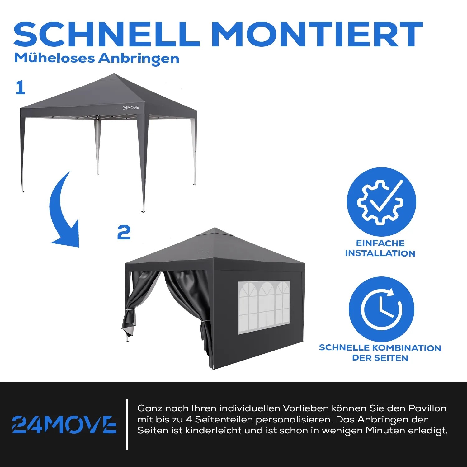 24MOVE Pavillon Seitenteile 2er Set grau: Pavillon mit und ohne Seitenteile mit Fenster und Reißverschluss.