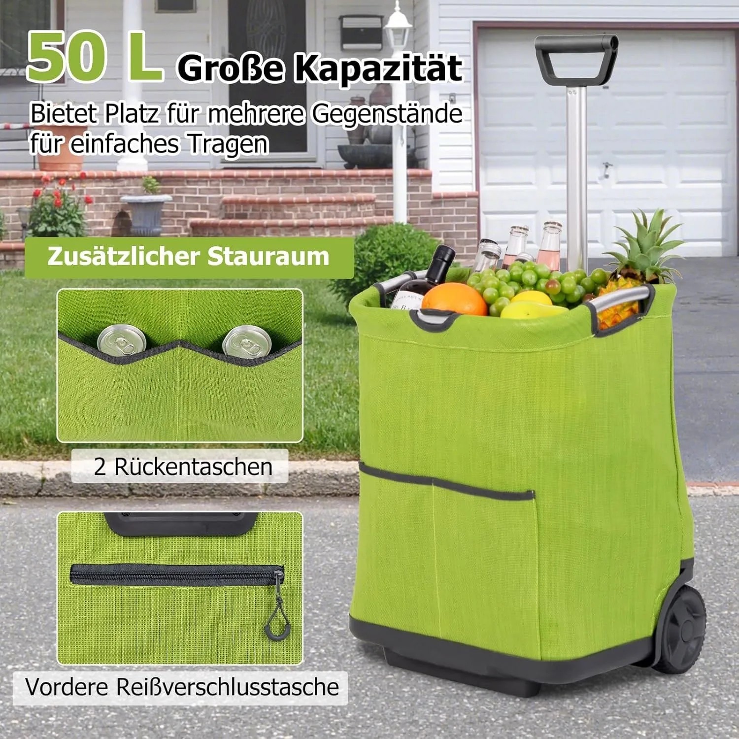 Grüner 50L klappbarer Einkaufstrolley mit Rädern, ausziehbarem Griff und Taschen, gefüllt mit Lebensmitteln.