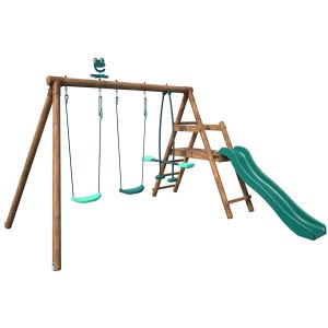 Soulet Holzschaukel Figue mit Rutsche und 2 Schaukelsitzen. Kinderschaukel aus Holz für den Garten.