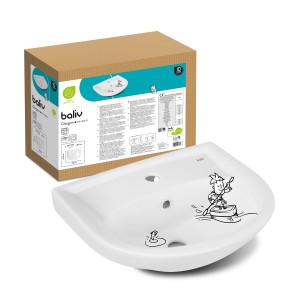 baliv Waschtisch Glasgow, weiß, 48 cm, mit kindlichen Zeichnungen und Verpackung im Hintergrund.