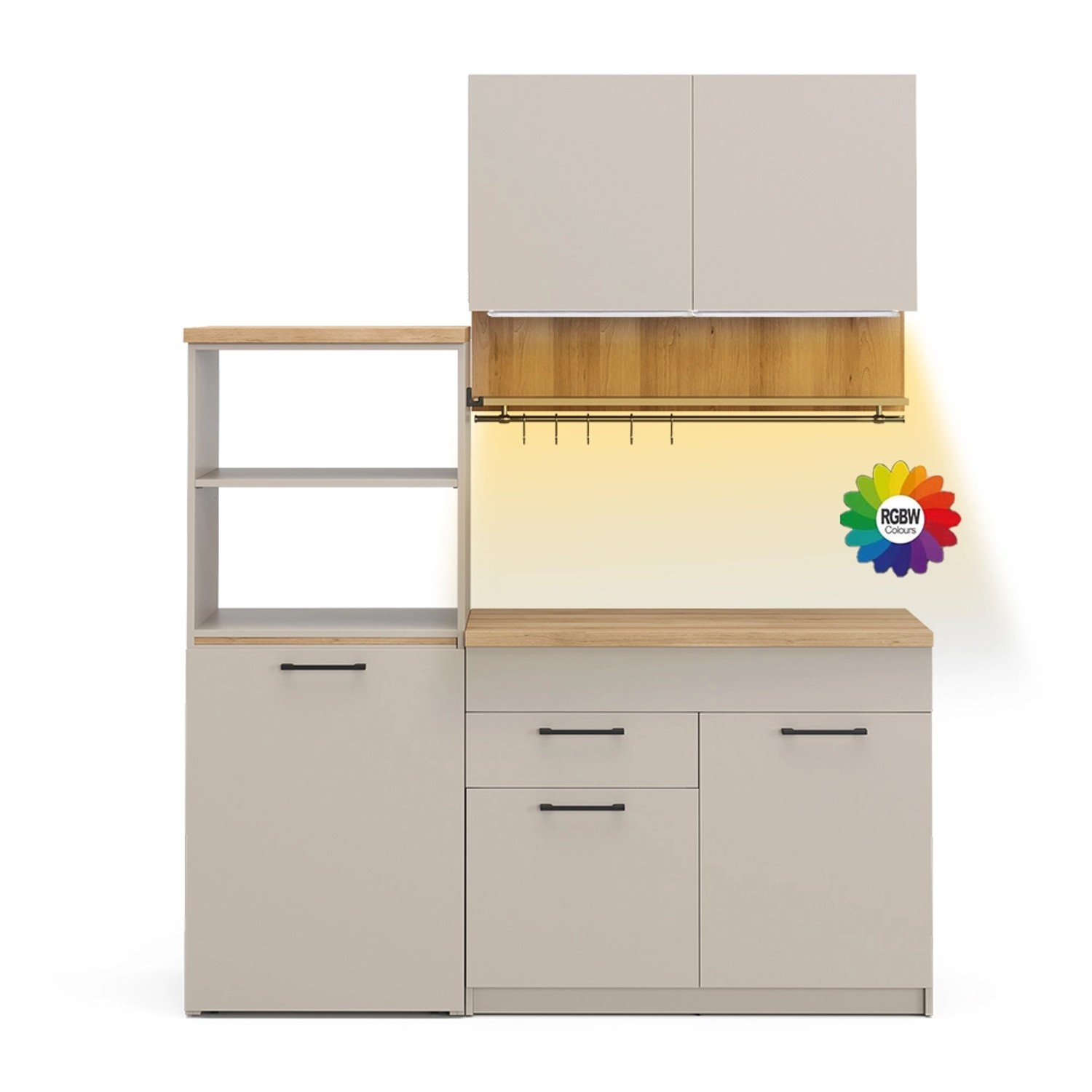 Vicco Egbert SingleKüche Greige 160 cm mit Ausziehbarem Tisch mit LED-Leist günstig online kaufen