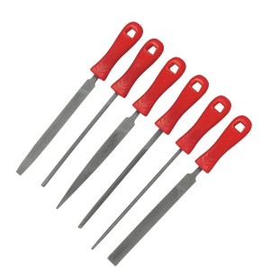 6-teiliges Schlüsselfeilen Set von LUX mit roten Griffen, verschiedene Formen für präzise Feilarbeiten.