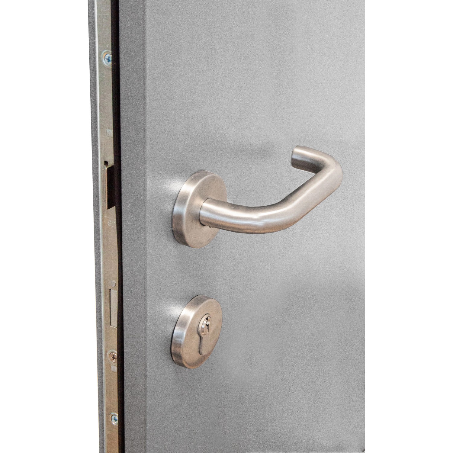 Graue Sicherheits-Haustür ThermoSpace Milano Prime RC2 mit Edelstahl-Griff und Schloss.