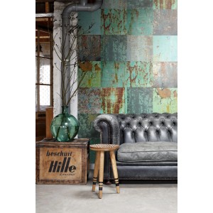 ESTAhome Vliestapete Patchwork rostiger Metallplatten in Meeresgrün und Braun. Dekorative Wandgestaltung im Industrial-Stil.