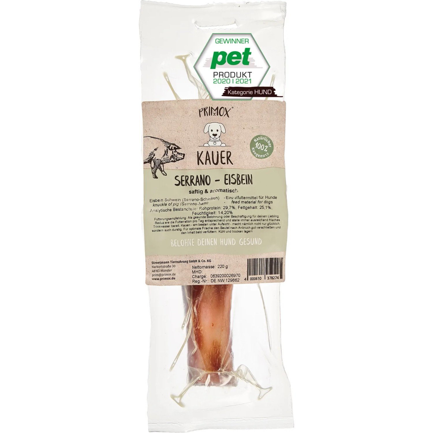Primox Hunde-Snack Kauer Klassik Serrano Eisbein, 1 Stück. Getrockneter Natursnack für Hunde.