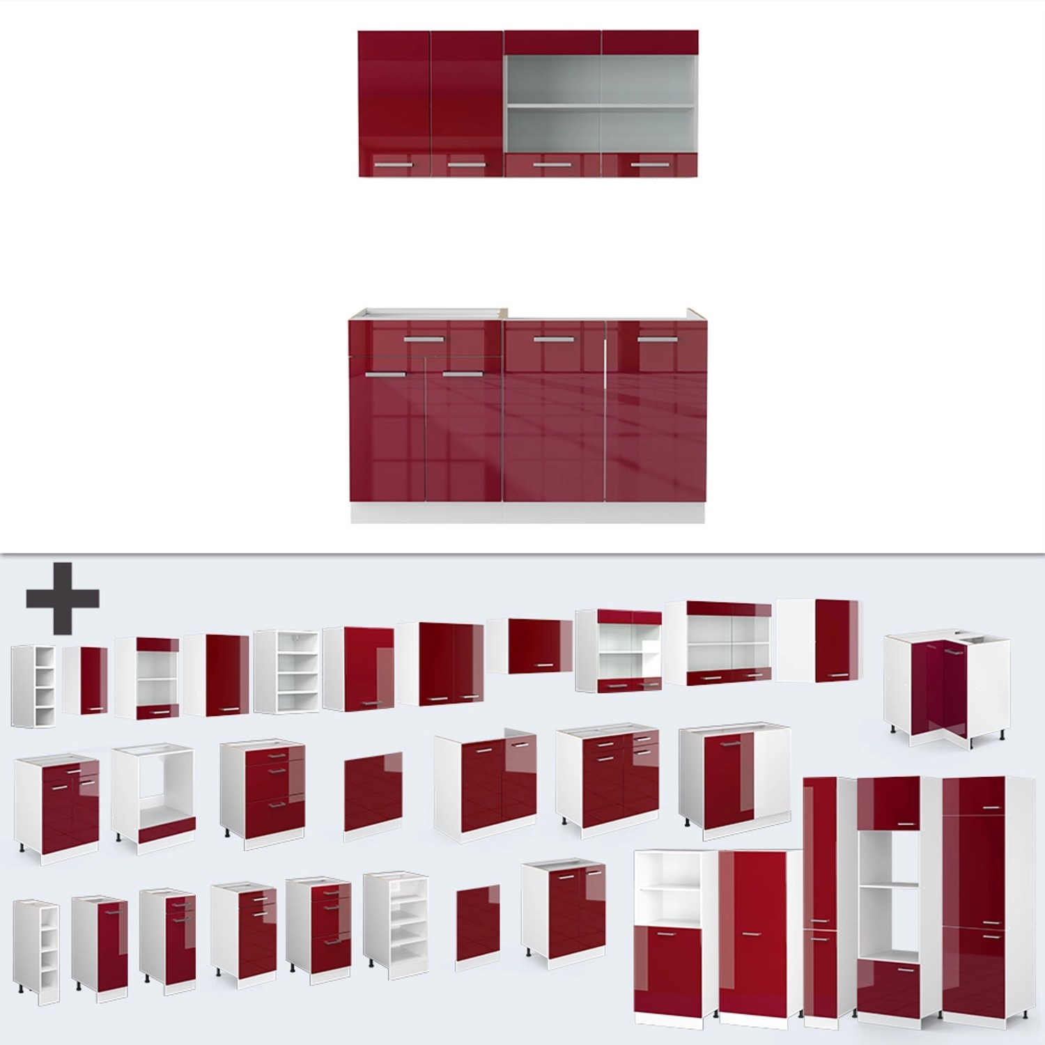 Vicco R-Line Mini-Küche, 140 cm, Bordeaux Hochglanz/Weiß, Küchenzeile ohne Arbeitsplatte, modulare Bauweise.