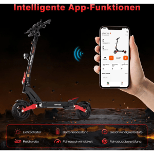 HITWAY H10 E-Scooter, schwarz-rot, mit App-Steuerung. Smartphone zeigt Reichweite, Akkustand und Geschwindigkeit des E-Scooters.