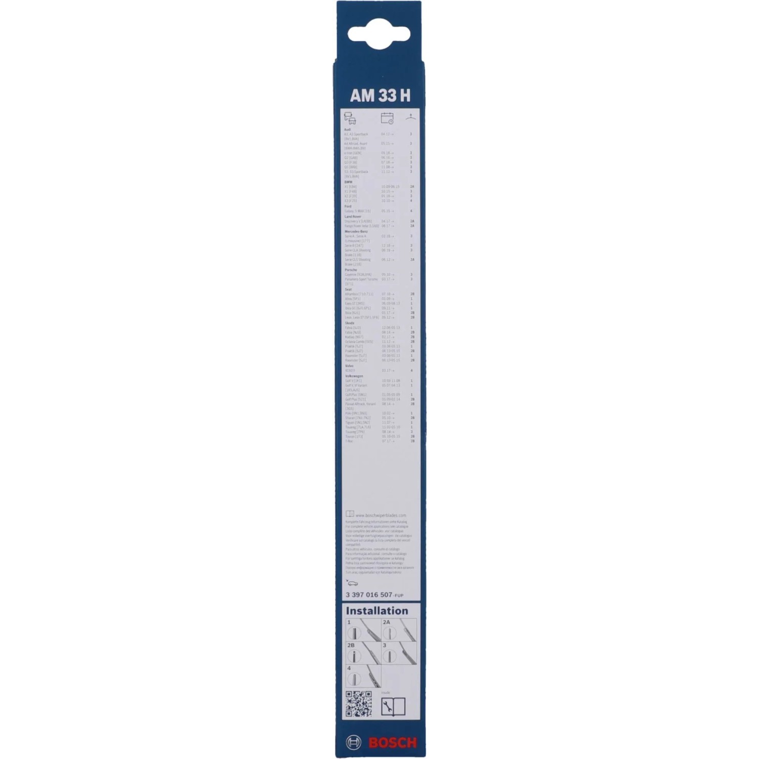 Verpackung des Bosch Aerotwin Rear AM 33 H Heckwischblatts für klare Sicht bei Autopflege.