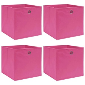 Vier rosa faltbare Aufbewahrungsboxen aus Stoff mit Metallöse für Ordnung, 32x32x32 cm.