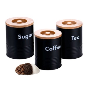 Relaxdays Vorratsdosen 3er Set, schwarz, weiß, Bambusdeckel, für Kaffee, Tee, Zucker. Luftdichte Aufbewahrung.