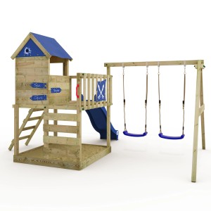 Wickey Spielturm Smart Cave mit Rutsche und Schaukel in Pastellblau für den Garten.