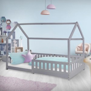 ML-Design Kinderbett 90x200 cm mit Rausfallschutz und Dach, hellgraues Holzbett im Tipi-Stil.