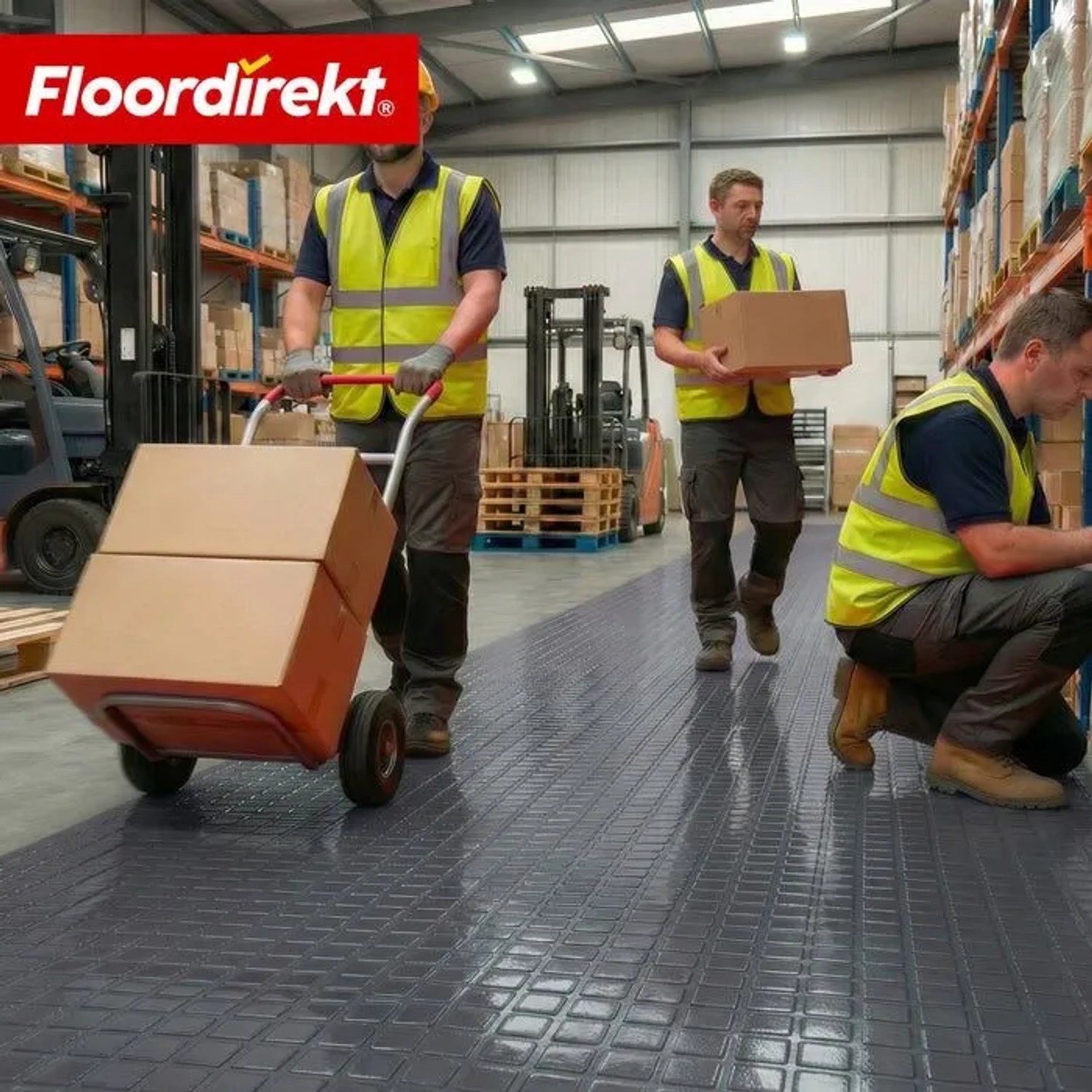 Dunkelgrauer PVC-Bodenbelag Check Quadra mit Quadratmuster in Lagerhalle.