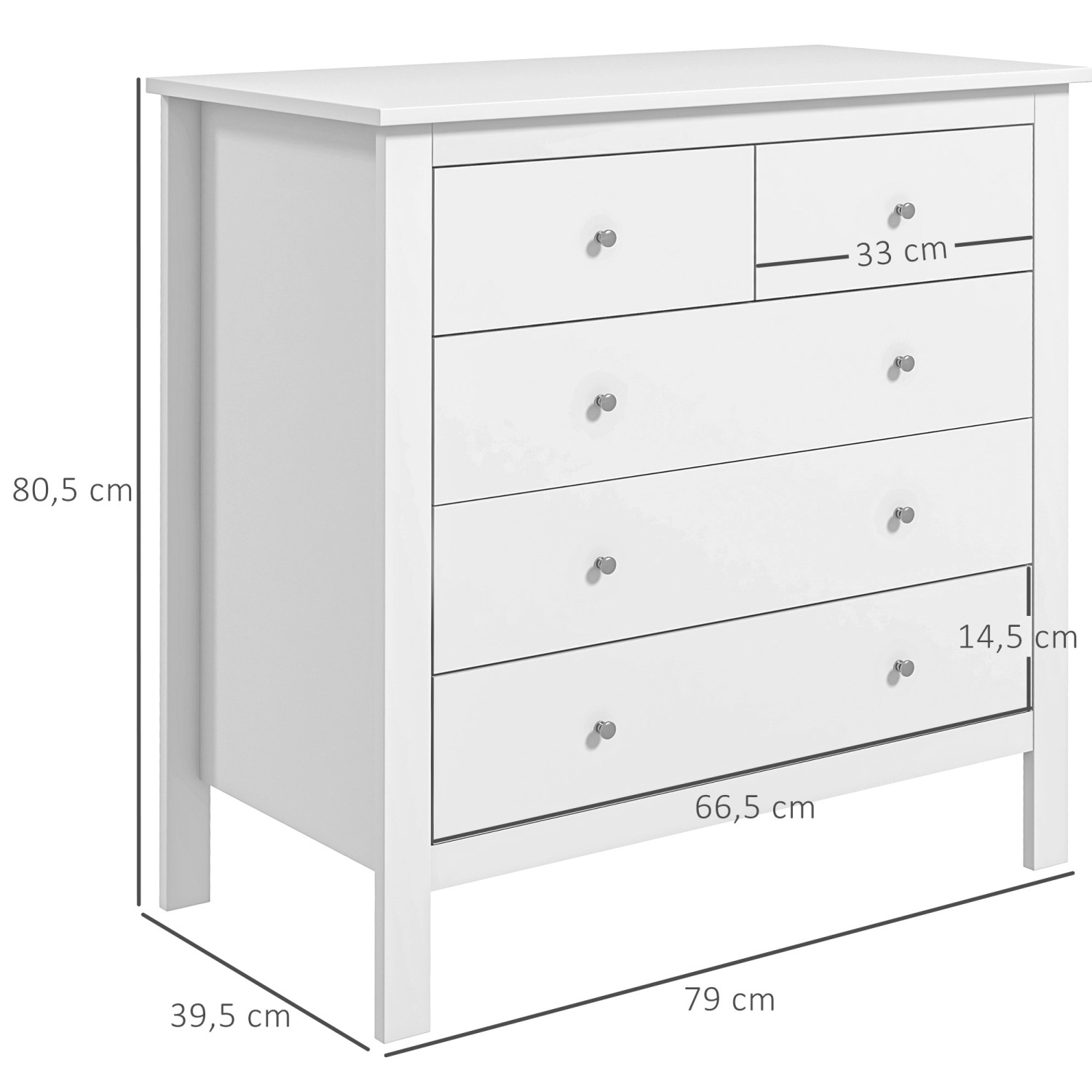 Weiße HOMCOM Kommode mit 5 Schubladen, Beistellschrank aus MDF/Spanplatte, 79x39,5x80,5 cm.
