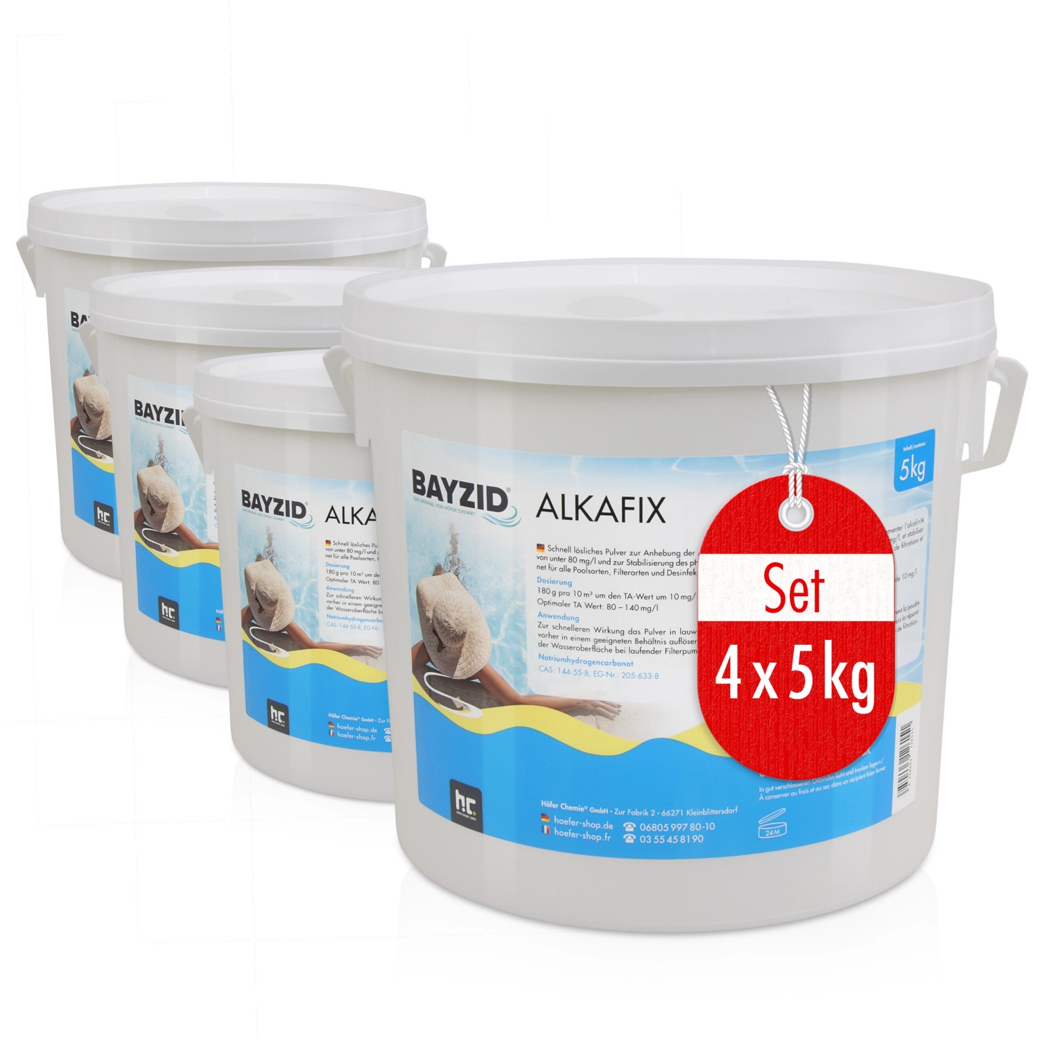 Set aus 4 Eimern Bayzid Alkafix zur Anhebung der Alkalinität TA, je 5kg, für kristallklares Poolwasser.