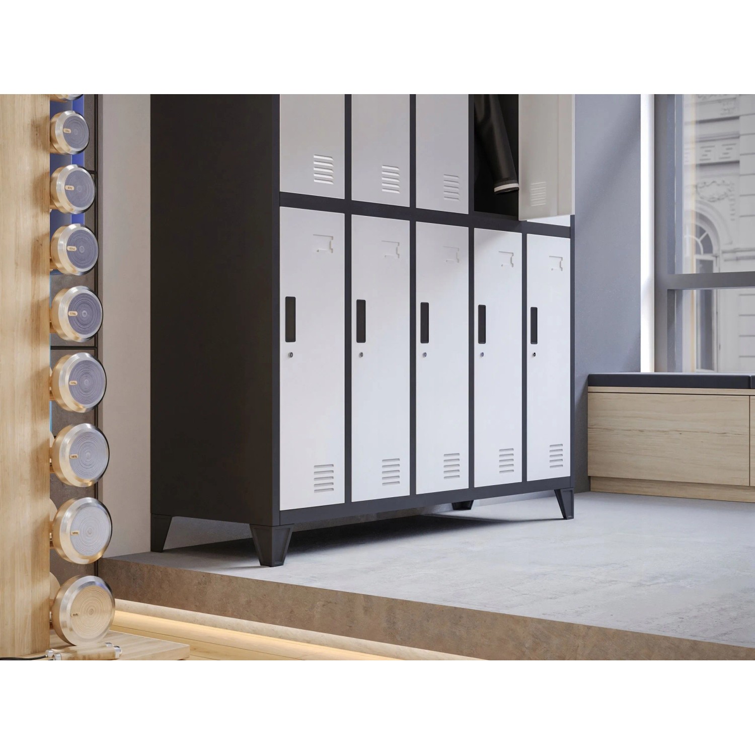Jan Nowak Metallspind Umkleideschrank mit 10 Fächern in Anthrazit und Weiß.