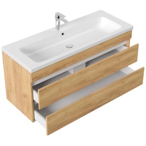 Posseik Badmöbel Fellini 120 in Eiche Gold mit Waschbecken und offenen Schubladen.